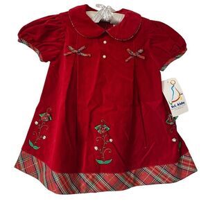Toddler Girls Dress 24 Months Red Velvet Plaid Trim Embroidery Fancy Christmas